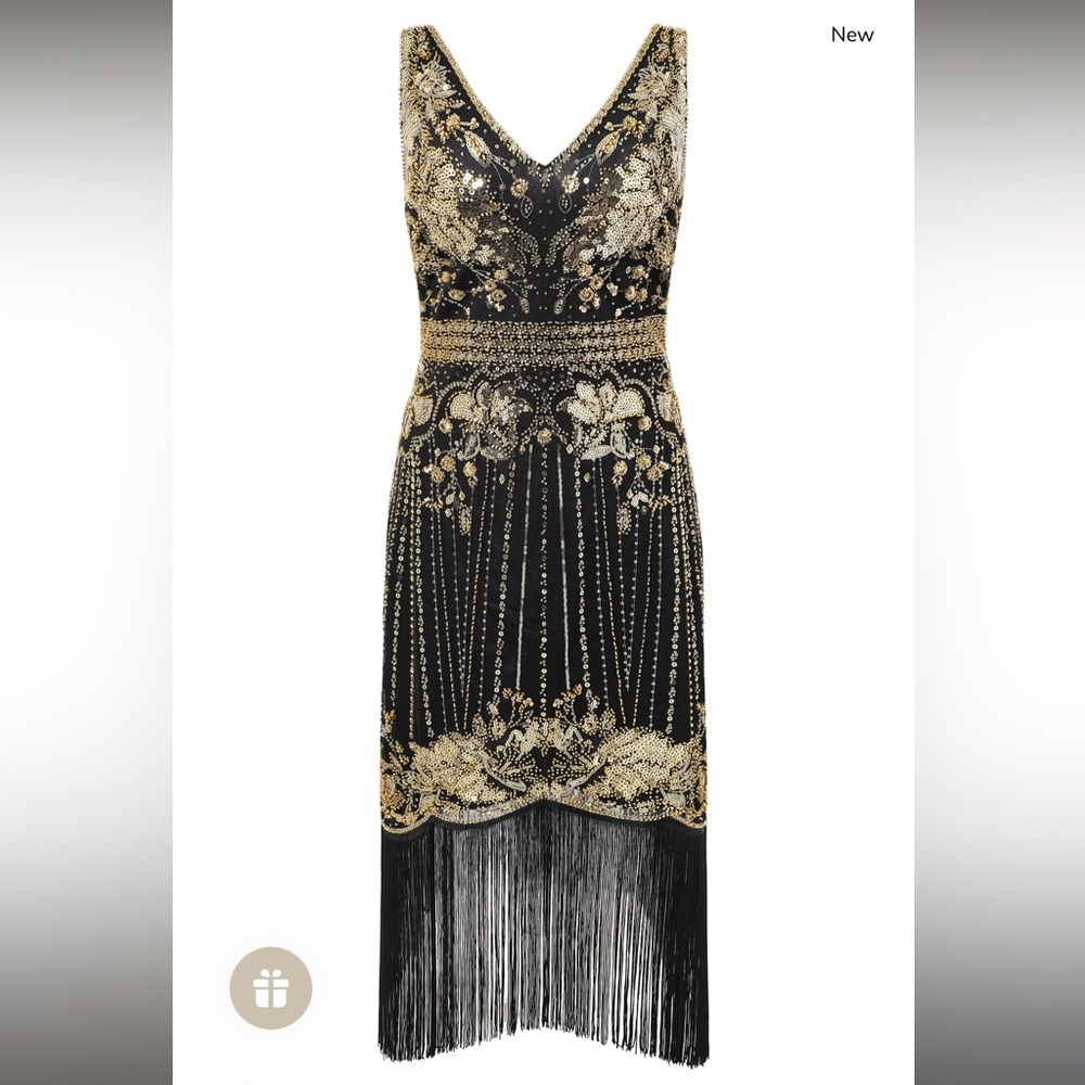 Babeyond Black and Gold Opulent Floral Beaded Fringe Flapper Dress